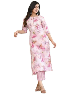 GoSriKi Women's Cotton Blend Printed Straight Kurta with Pant